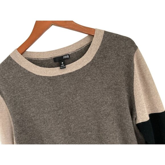 Aqua 100% Cashmere Colorblock Sweater Beige Brown Crewneck Cream Beige  - Large - Picture 6 of 6
